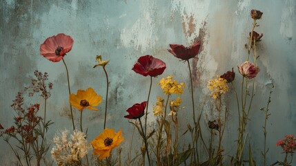 Poster - A diverse array of wildflowers in grunge style is beautifully painted in oil, isolated on a solid color backdrop, highlighting their vibrant hues and artistic detail