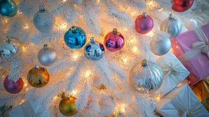 Wall Mural - A stunning white Christmas tree adorned with vibrant ornaments captures the festive spirit, while neatly wrapped gifts sit eagerly at the base, reflecting cheerful holiday joy