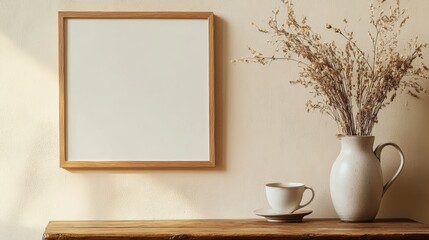 Poster - An empty wooden picture frame hangs on a beige wall, creating a focal point