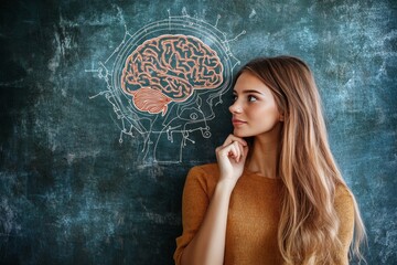 Poster - Connectomics connectome and cognitive bias thoughtful woman in front of a chalkboard with brain sketch symbolizing education learning and knowledge