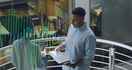Poster - Animation of diagram over biracial colleagues talking in office