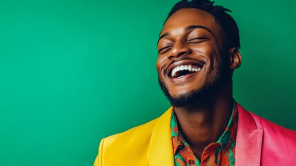 A man exudes happiness while wearing a strikingly colorful outfit, smiling broadly against a lively green backdrop that enhances his joyful expression