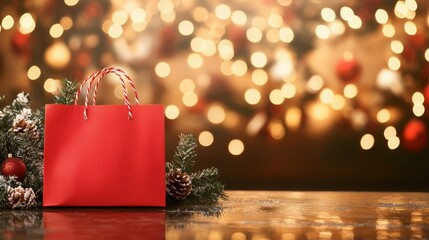 Poster - Red Gift Bag on Table with Christmas Lights and Pine Branches