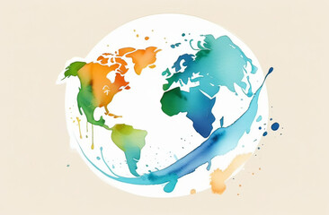 Watercolor globe painting with a splash, showcasing world map in artistic style