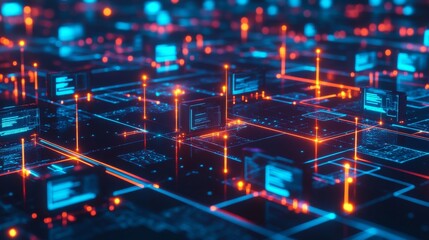 Poster - A graphic representation of various computers interconnected through a vibrant digital network, illuminated by glowing lines that signify data flow and connectivity