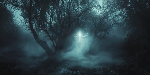 Wall Mural - Scary black trees in a shadowy forest, with an ethereal pagan spirit emerging from the dense, swirling fog 