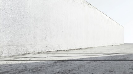 Poster - A long concrete wall, covered in smooth white plaster, stretches along an urban street under bright daylight, showcasing a minimalist architectural style