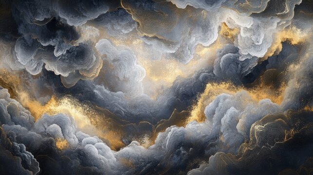 Layers of abstract clouds in silver and gold swirl across a dark background, blending with soft ink strokes in an elegant composition that reflects the celestial beauty often depicted in Asian art.