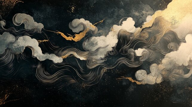 Layers of abstract clouds in silver and gold swirl across a dark background, blending with soft ink strokes in an elegant composition that reflects the celestial beauty often depicted in Asian art.