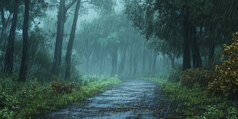 Canvas Print - A forest path is shown in the rain with trees in the background 