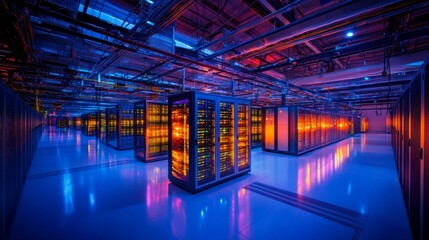 Poster - Rows of active servers and network devices illuminate a large, operational data center, featuring vibrant lighting and a spacious layout filled with technology