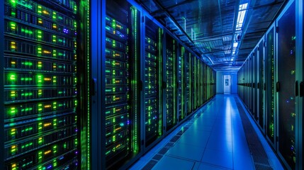Poster - Rows of advanced servers fill a modern data center, each unit illuminated with vibrant lights, showcasing an organized and streamlined digital environment