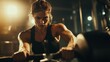 © Elmira - A dedicated gym enthusiast works hard on a rowing machine, showcasing strength and determination under dynamic indoor lighting that accentuates muscular definition