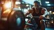 © Elmira - A dedicated gym member exercises on a rowing machine, showcasing impressive muscle definition under bright lights in a modern fitness center, emphasizing strength and determination