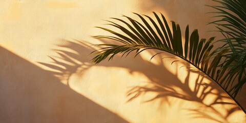 Wall Mural - A leafy palm tree casts a shadow on a wall. The shadow is long and thin, stretching across the wall. Concept of tranquility and relaxation, as the palm tree's leaves provide a natural