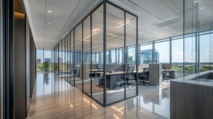 Poster - This contemporary office interior showcases glass partitions that separate workstations, allowing natural light to flood the space, enhancing visibility and ambiance