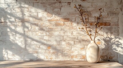 Poster - A rustic farmhouse table displays a minimalist vase filled with delicate branches, set against a charming exposed brick wall bathed in warm, natural light