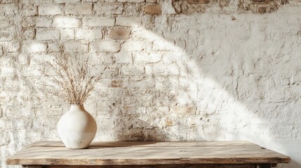Poster - A worn farmhouse table holds a simple vase filled with dried flowers, set against a beautifully textured exposed brick wall illuminated by soft light