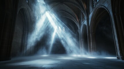 Poster - The grand hall features impressive Gothic arches, with soft beams of light breaking through, creating a serene and mystical atmosphere in the expansive space