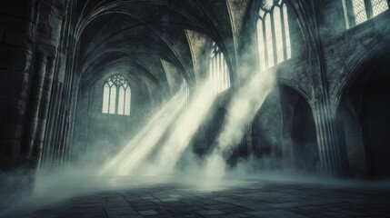 Poster - The hall showcases intricate Gothic architecture, with towering arches and beams of light creating a serene atmosphere, inviting contemplation and reflection