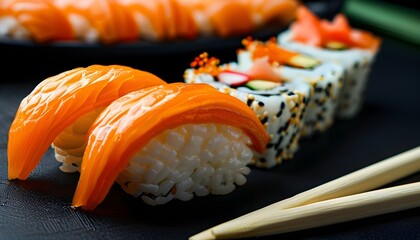 Chopsticks holding salmon nigiri sushi in a Japanese restaurant setting on a sleek black background