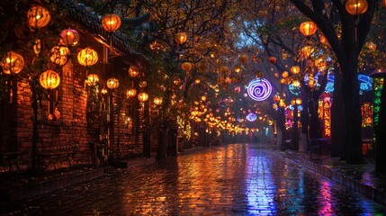 Wall Mural - Colorful Lanterns Illuminating Cobblestone Street at Night