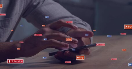 Poster - Animation of media icons over biracial man using smartphone at home