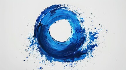 Abstract blue paint circle with splashes on white background.