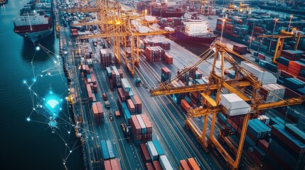 Wall Mural - Bustling Seaport at Night: Aerial View of Cargo Containers and Cranes