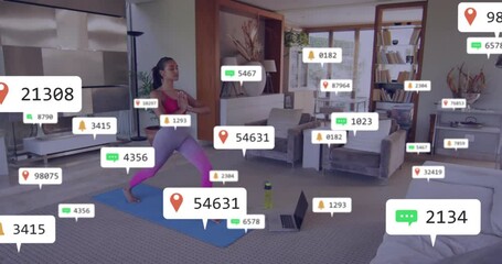 Poster - Animation of media icons over biracial woman exercising at home
