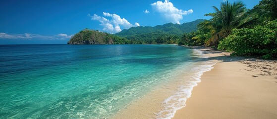 Wall Mural - Tranquil Beach Scene with Crystal Clear Water and Lush Green Palm Trees