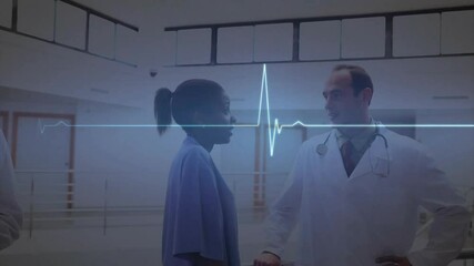 Sticker - Animation of cardiograph over diverse doctors talking