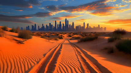 Poster - A desert landscape with tire tracks leading to a skyline at sunset.