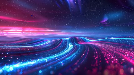 Poster - Innovation and technology conceptual - stock photo fiber optic lighting line on beautiful landscape for innovation and technology abstract background conceptual, futuristic abstract background