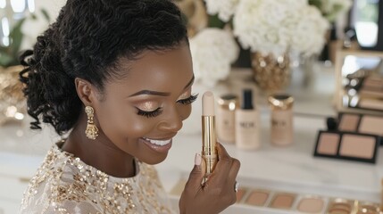 Wall Mural - Beautiful Woman Applying Makeup With Foundation Stick