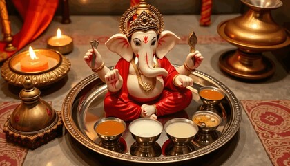 Beautiful Ganesh Idol with Offerings in a Traditional Decorative Setting