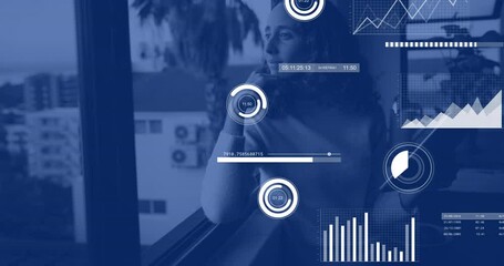 Poster - Animation of data processing and diagrams over caucasian woman thinking