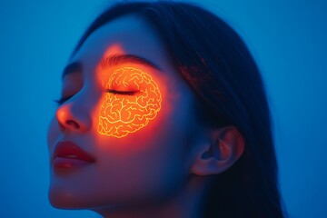 Wall Mural - Brainwave synchronization brain resilience and basal ganglia woman illuminated by glowing red neural brain visualization representing mental clarity and cognitive power