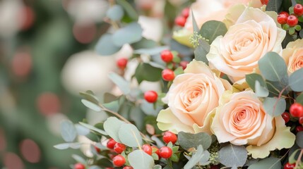 Wall Mural - Peach Roses and Red Berries with Eucalyptus Leaves Floral Arrangement