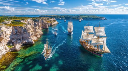 Poster - Tall Ships Sailing Through Coastline Bay