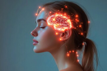 Poster - Dendritic spine brain plasticity and synaptic potentials woman with vibrant glowing brain visualization symbolizing cognitive innovation and neural exploration