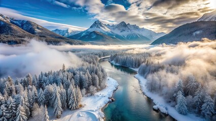 Wall Mural - Snow-covered mountain landscape with frosty fog over a river and cloudy sky Aerial