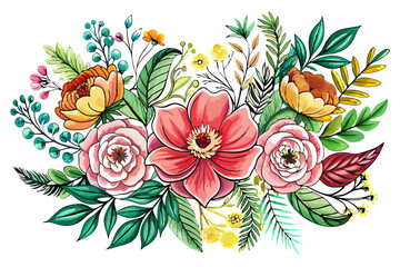  Colorful floral arrangement with a bright orange flower in the center, surrounded by green leaves and pink, yellow, and blue flowers.