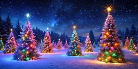 Wall Mural - Snowy landscape with colorful Christmas trees at night