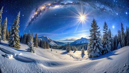 Snowy mountain landscape with snowflakes and stars, perfect for winter wallpaper