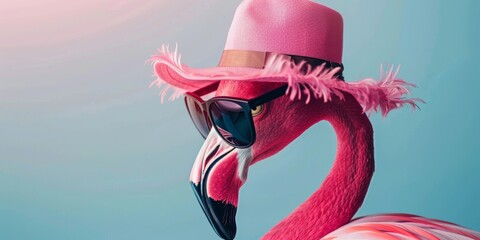 Wall Mural - Flamingo side view wearing sunglasses and hat on pink background for holiday and summer concept for wallpaper
