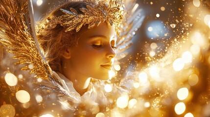 Wall Mural - Golden Angel with Glitter and Bokeh Lights