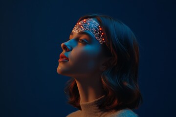 Poster - Neural transmission neuroinformatics and basal ganglia woman with glowing neural mapping representing creativity and futuristic cognitive potential