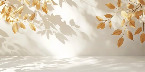 A white wall with the beautiful and yellow shadow of leaves under sunshine, in a minimalist style with a empty background,realistic shadows and soft lighting. Background for concept and presentation