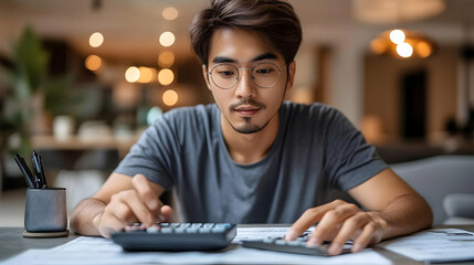 Poster - A focused individual calculating finances with a calculator amidst papers at a workspace.